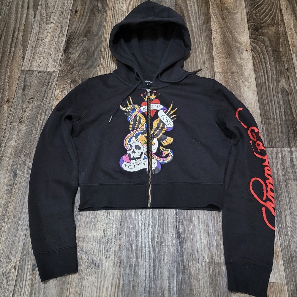 Ed Hardy Hoodie Sweatshirt Womens L Black New York City Skull Cropped Fit Zip